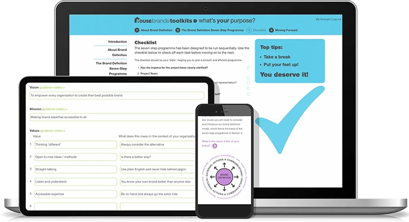 Cluster of laptop, I-pad and mobile showing pages from Housebrands’ DIY brand toolkits